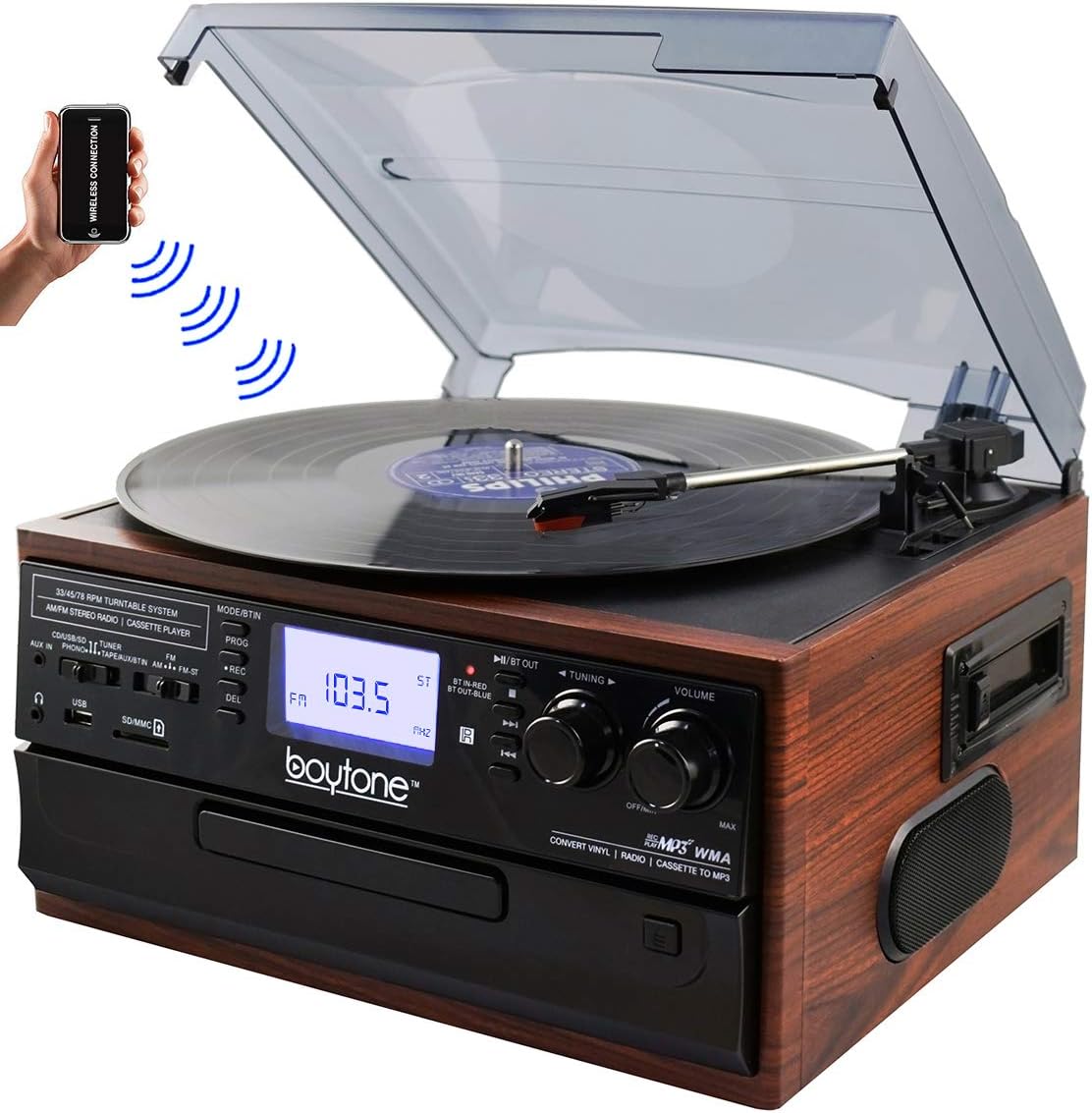 Bluetooth Record Player Turntable with AM/FM Radio, Cassette, CD Player, 2 Built in Speaker, SD Slot, USB, AUX A5560