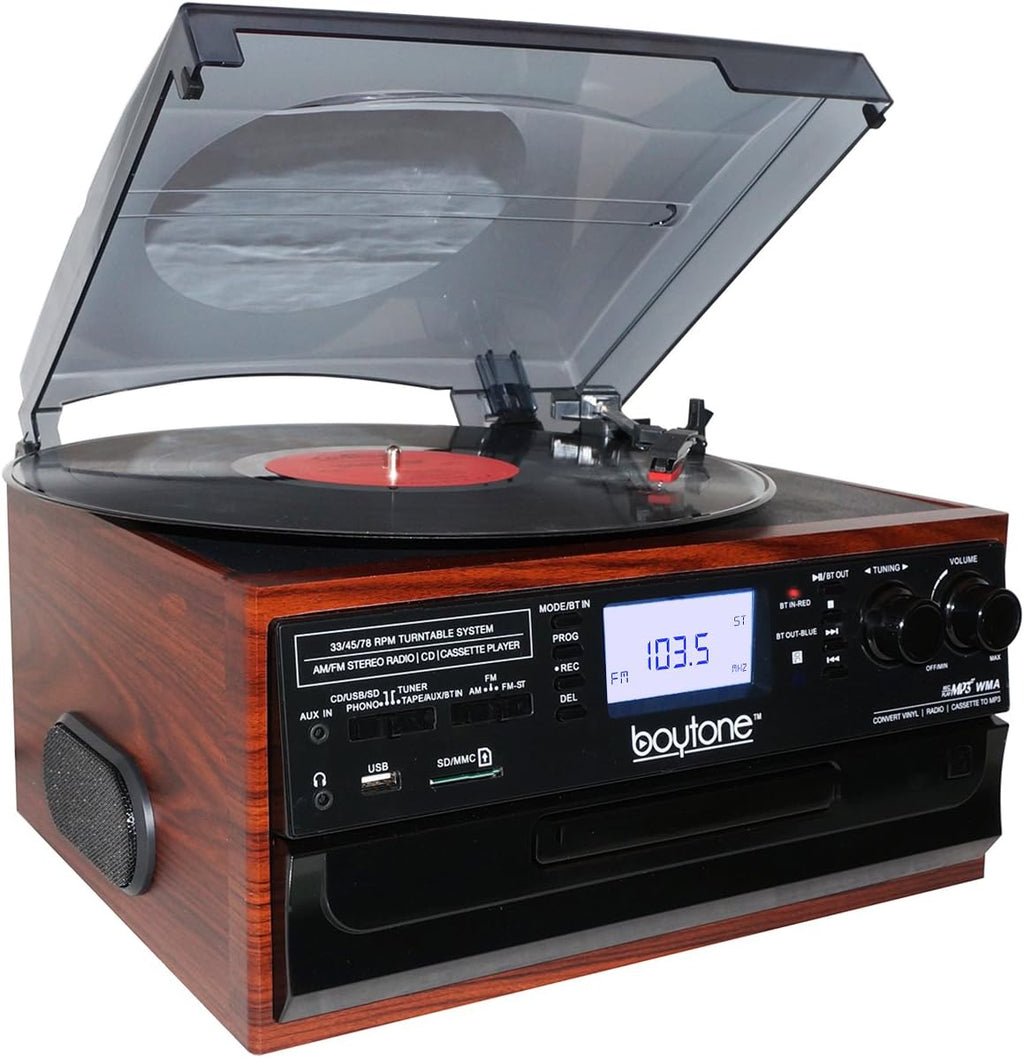 Bluetooth Record Player Turntable with AM/FM Radio, Cassette, CD Player, 2 Built in Speaker, SD Slot, USB, AUX A5560