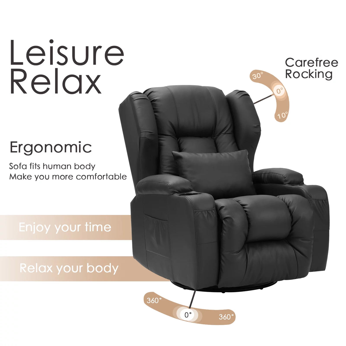 Faux Leather Swivel Rocker Recliner Chair with Cup Holder C9210