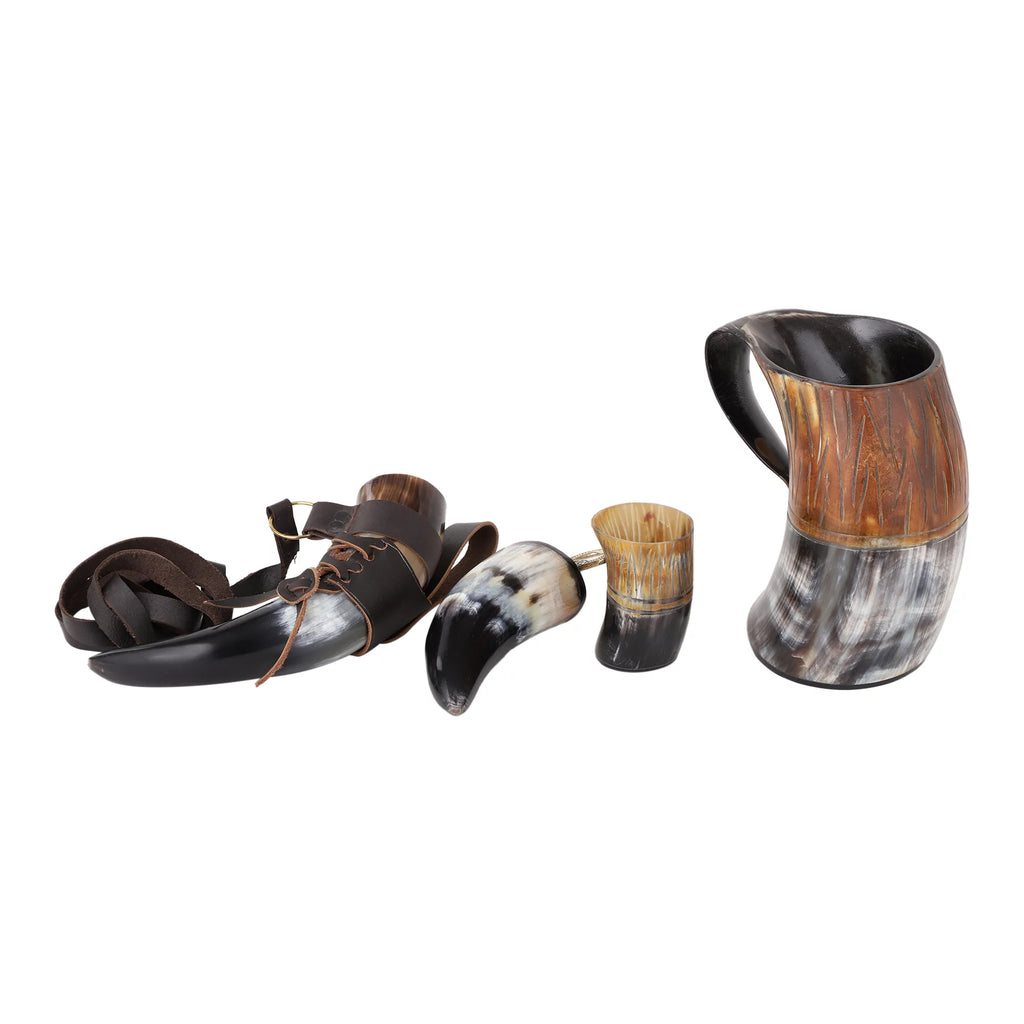 Handmade Natural Ox-Horn Drinking Horn Set with Belt Holster T39931
