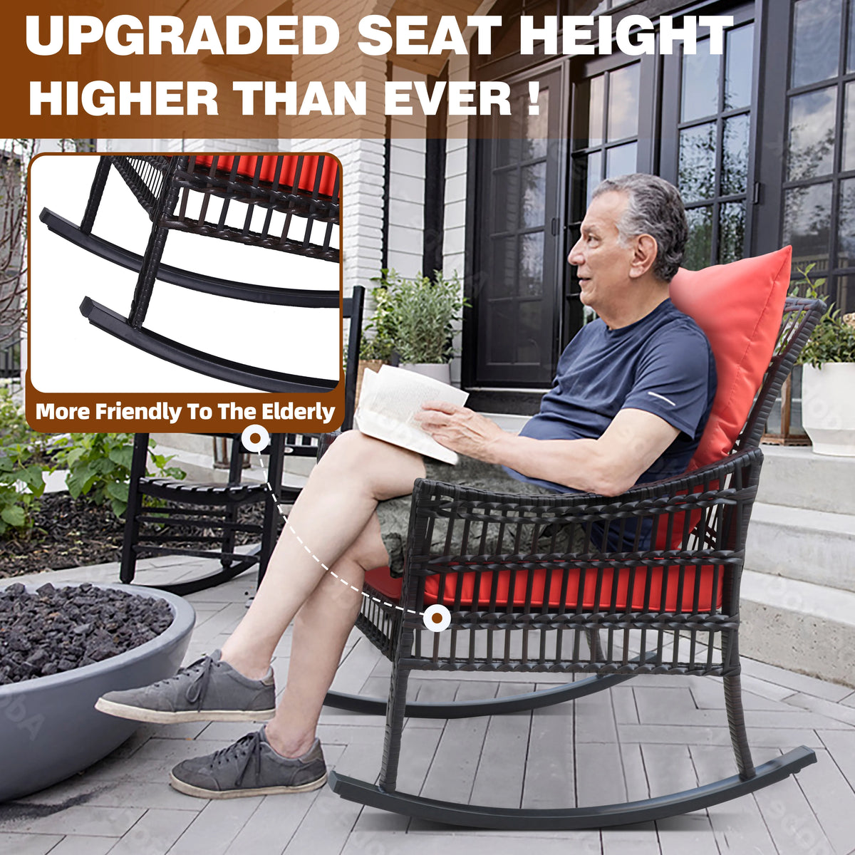 3-Piece Wicker Outdoor Rocking Chair Bistro Set with Table & Cushions N148710