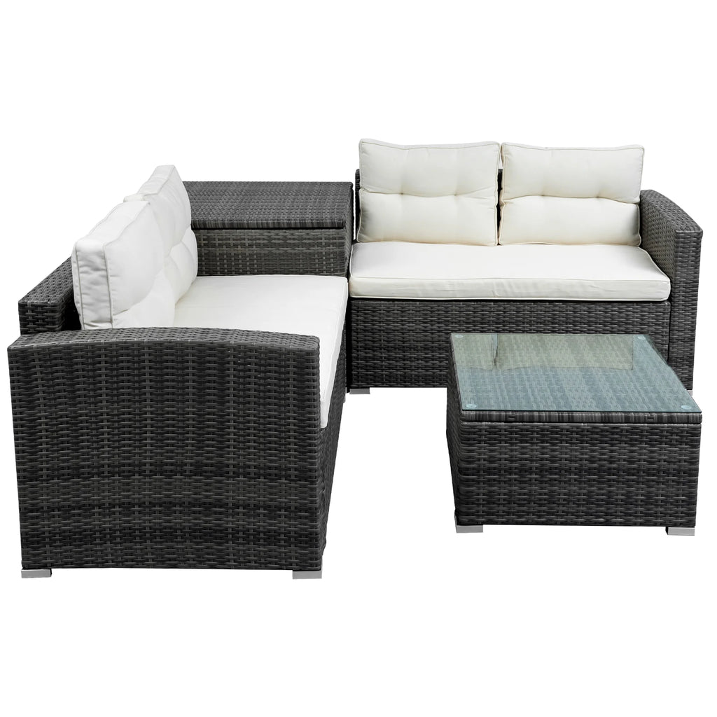 4 Piece Outdoor Rattan Sectional Sofa Set with Padded Cushions and Glass Dining Table C4322