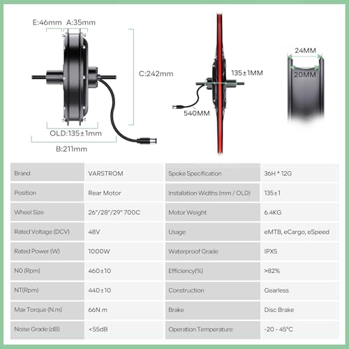 48V1000W Brushless Gearless Rear Hub Motor Electric Bike Kit U326004