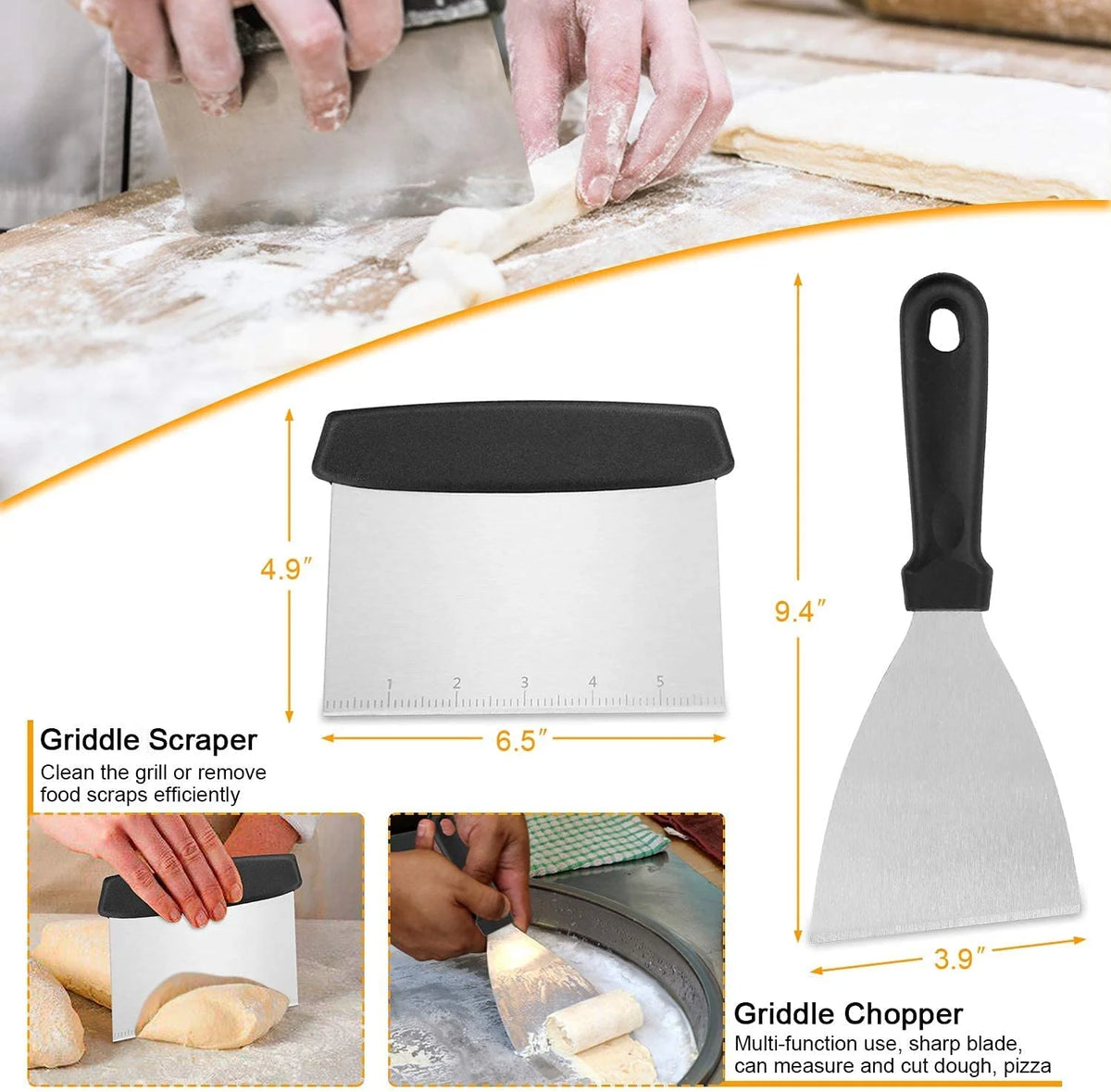 Griddle Tool Set Flat Top Grill Accessories Kit with 304 Melting Dome Lid, Spatulas, Scraper, Egg Rings, Burger Press Carrying Bag & Squirt Bottles G350