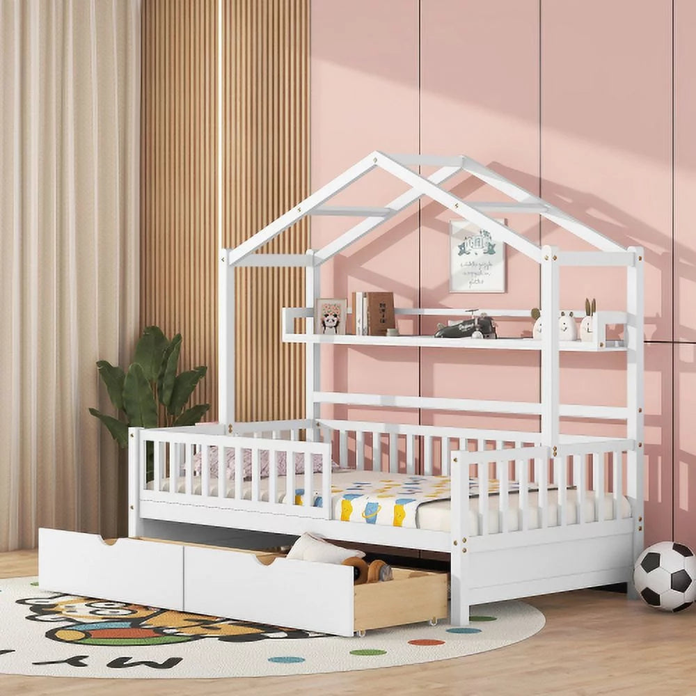 White Twin Size Wooden House Bed with 2 Drawers F146061