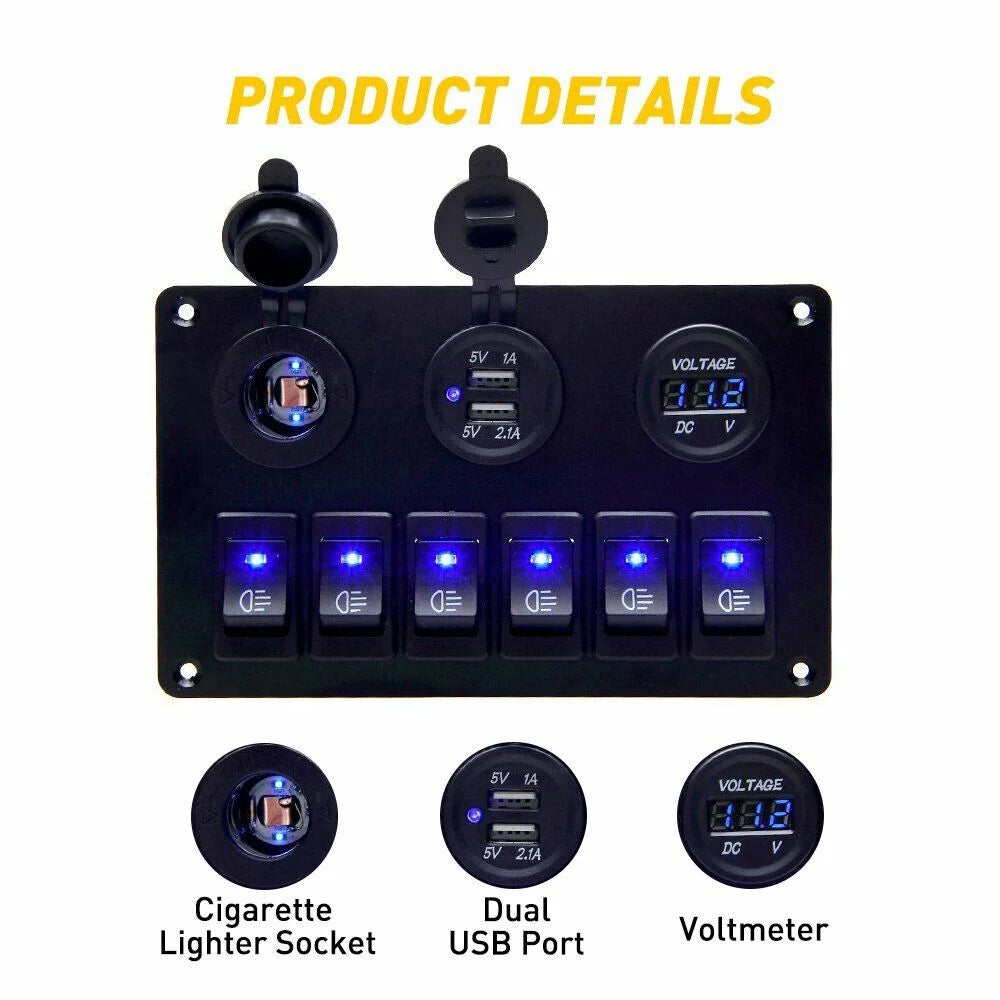 6 Gang Blue LED Rocker Switch Panel E30619