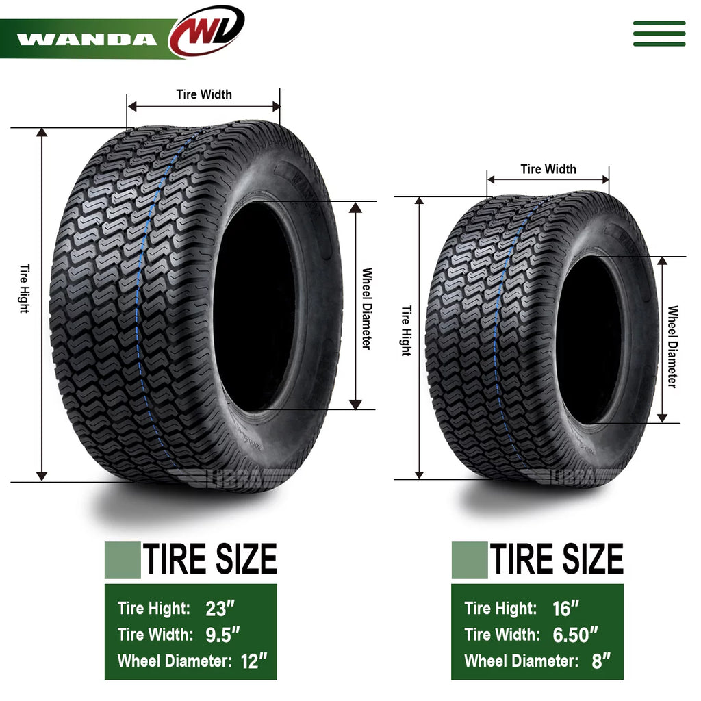 Set of 4 Lawn Mower Turf Tires 16x6.5-8 Front & 23x9.5-12 Rear P75266