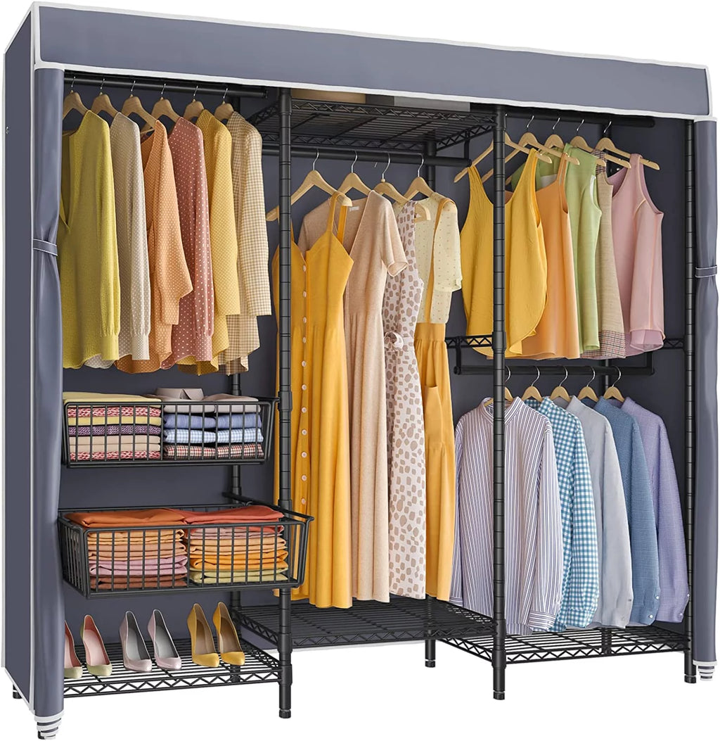 Black Covered Clothes Rack Portable Wardrobe with Grey Oxford Fabric Cover Q77277