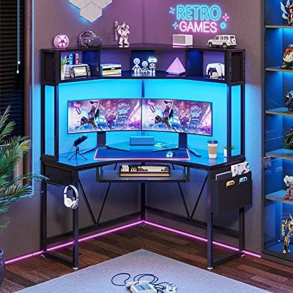 Rust Corner Desk with Hutch & LED Lights U3272