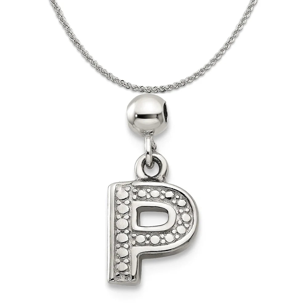 Sterling Silver Letter P Dangle Initial Charm Pendant with Rope Chain Necklace 20'' D58757