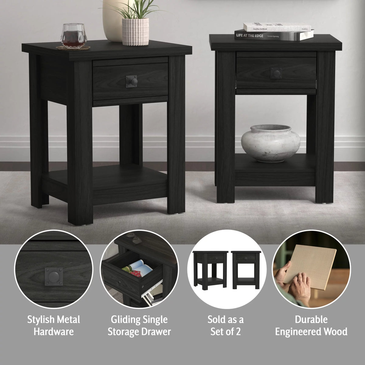 White 1 Drawer Nightstand Set of 2 J2091