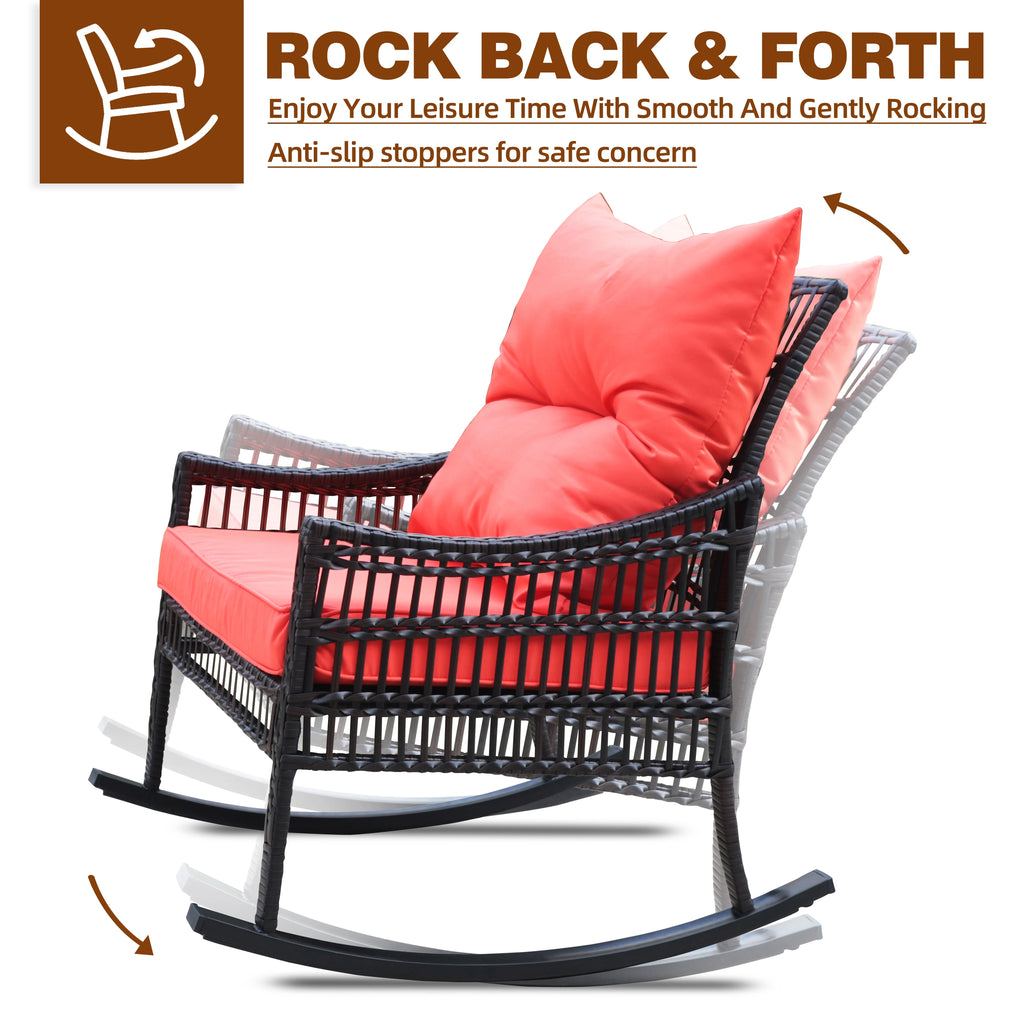 3-Piece Wicker Outdoor Rocking Chair Bistro Set with Table & Cushions N148710