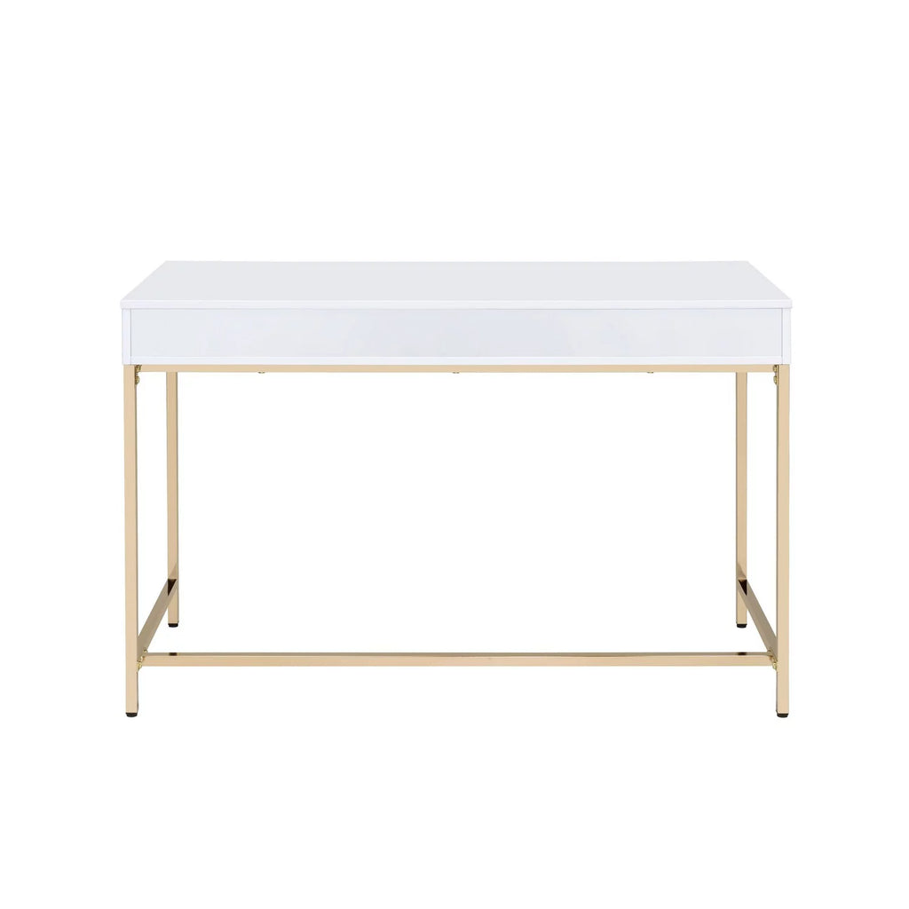 White and Gold Two Drawers Wooden Desk with Tubular Metal Base J69432