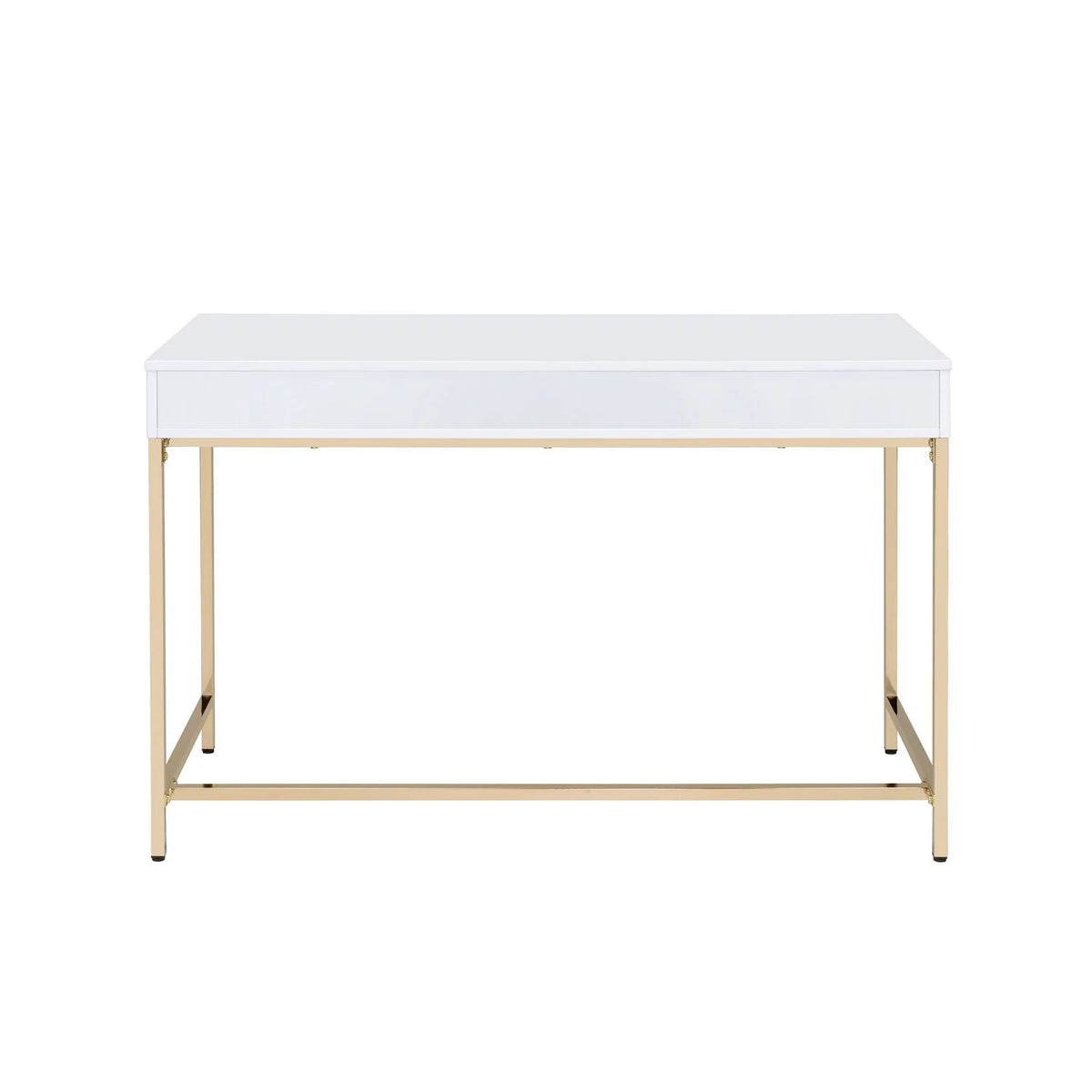 White and Gold Two Drawers Wooden Desk with Tubular Metal Base J69432