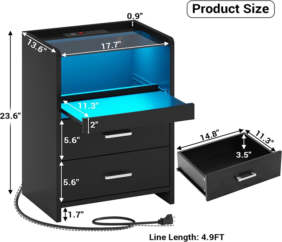 Black Set of 2 LED Nightstand with Charging Station J551935
