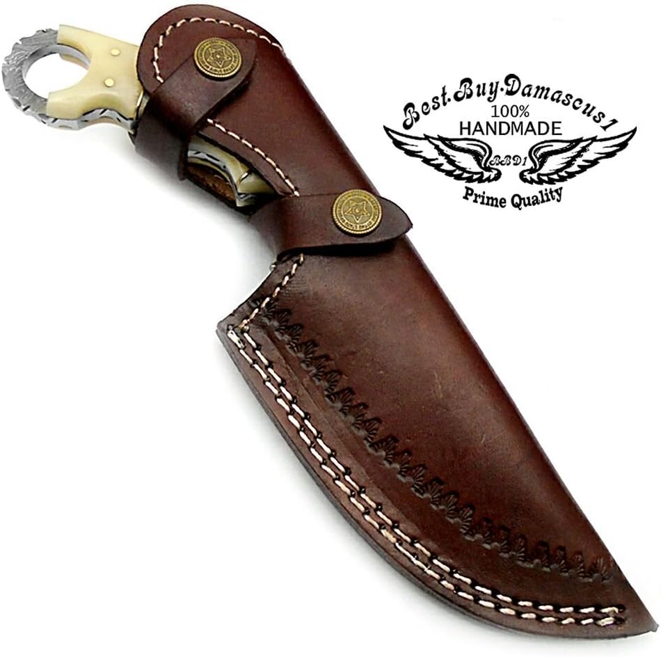 Damascus Steel Hunting Knife with Leather Sheath T4046