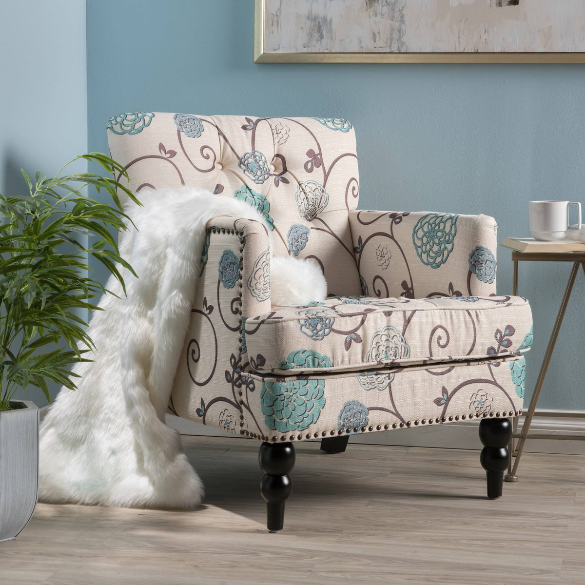 Tufted Back Fabric Club Chair Light Blue L9221