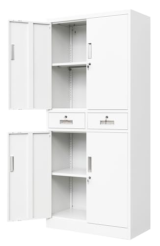 White Metal Locking Storage Cabinet with Adjustable Shelves and One Drawer S317262