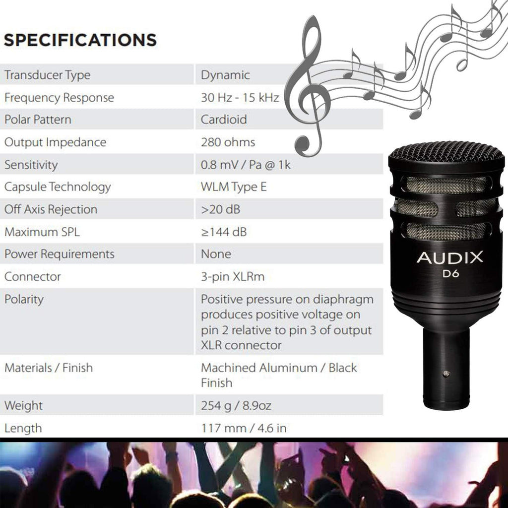 Audix D6 Dynamic Microphone, Cardioid + Low Profile Microphone Stand with Telescoping Boom + XLR Mic Cable H2861