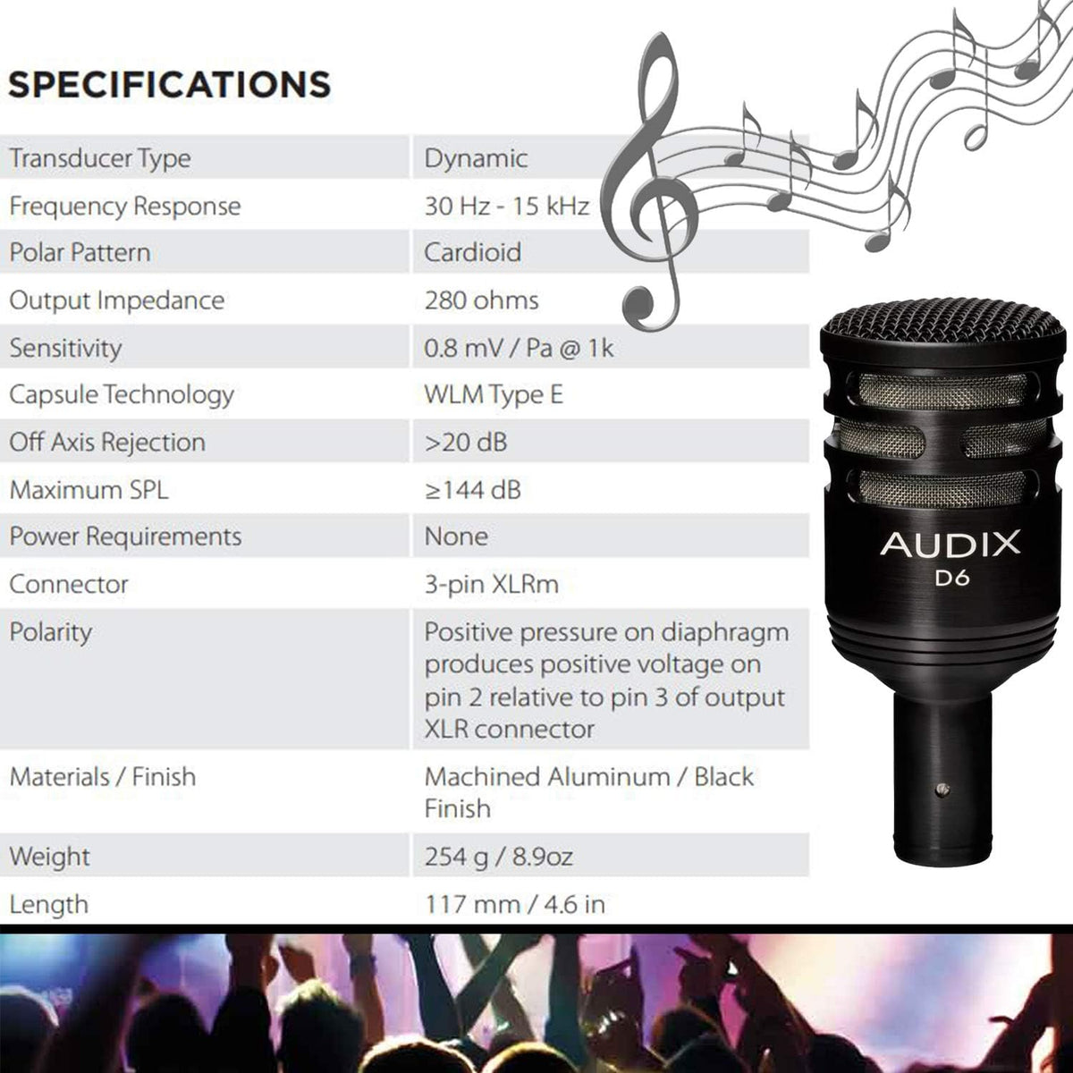 Audix D6 Dynamic Microphone, Cardioid + Low Profile Microphone Stand with Telescoping Boom + XLR Mic Cable H2861