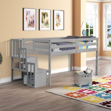 Twin Size Wood Loft Bed with Staircase B90251