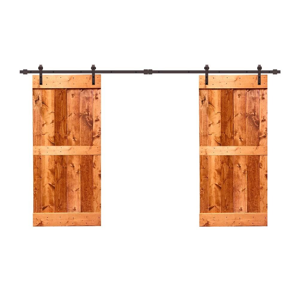 Sage Green Stained Solid Pine Wood Interior Double Sliding Barn Door with Hardware Kit W148531