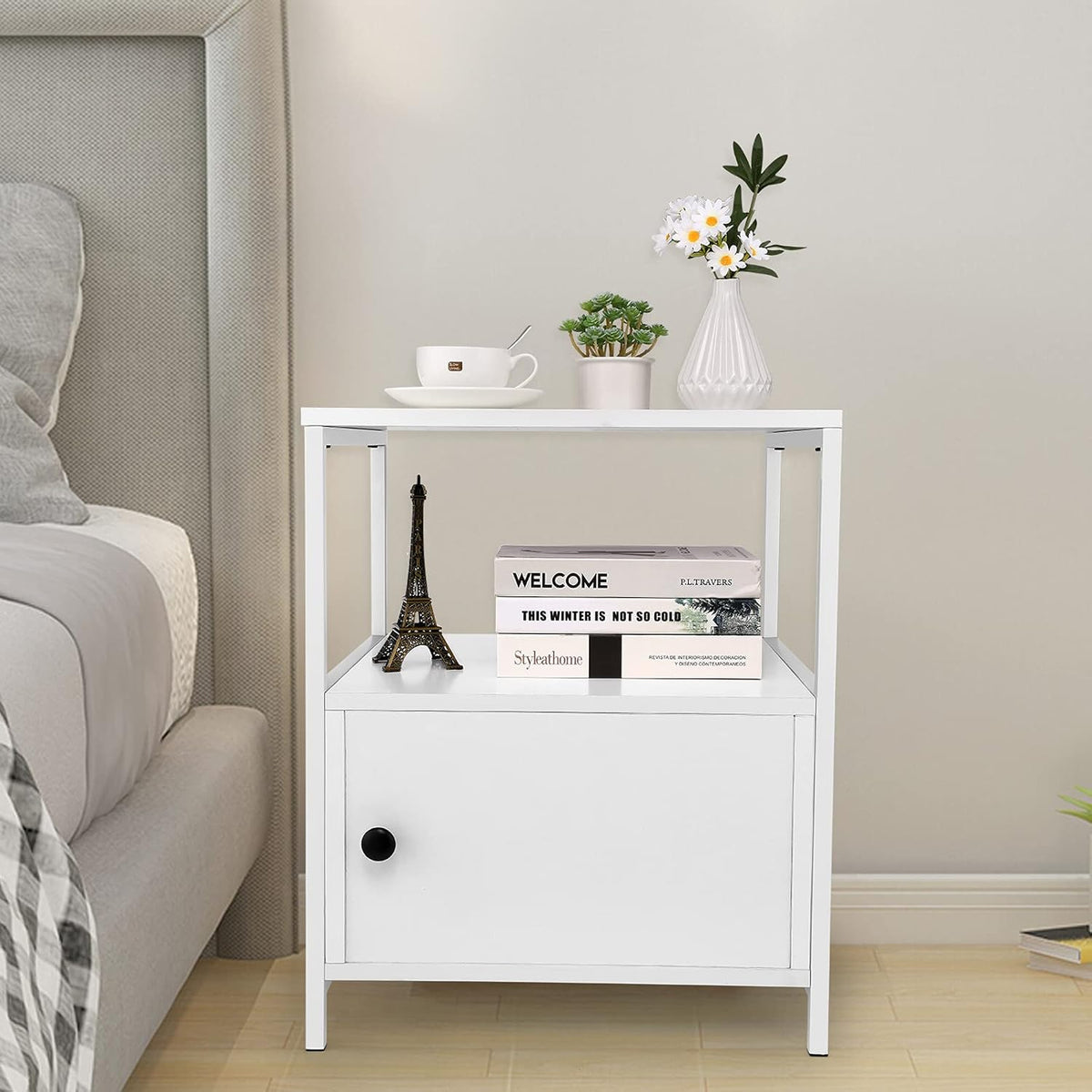 Black Wooden Nightstand with Storage Cabinet and Open Shelves G29837