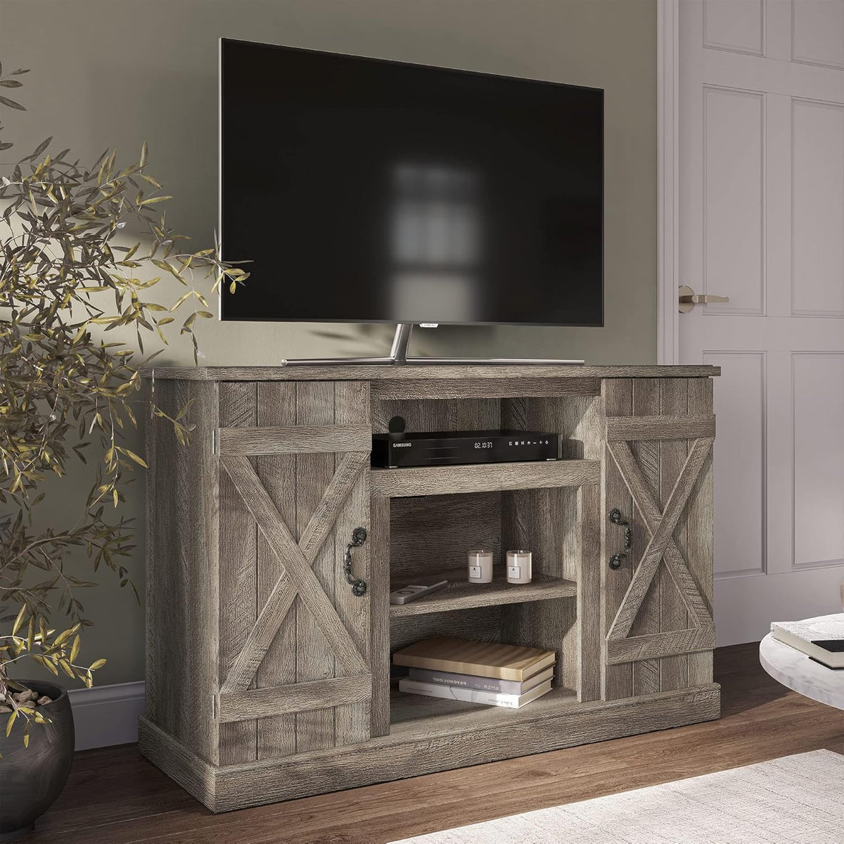 Industrial Electric Fireplace TV Stand with Open Storage Shelves J233