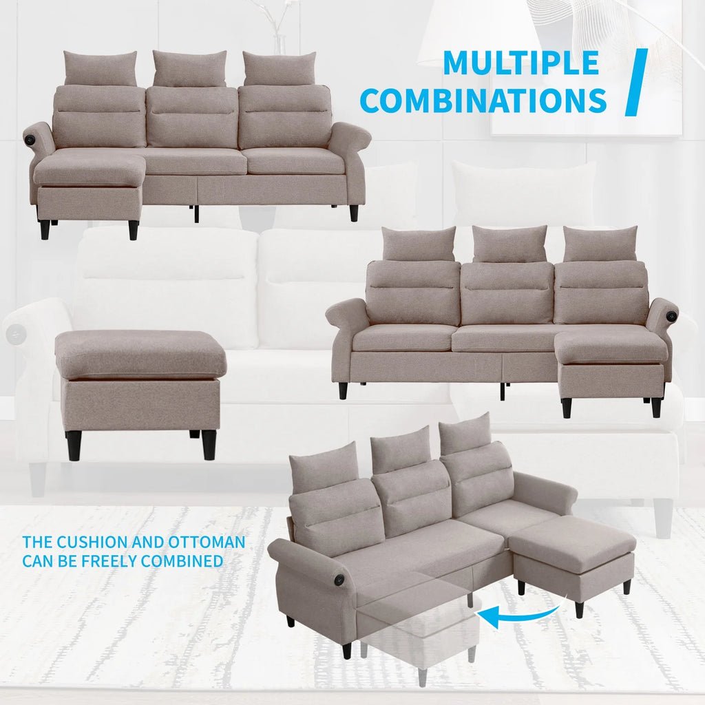 Beige L-Shaped Sectional Sofa with Storage Ottoman and 2 USB Ports C88575