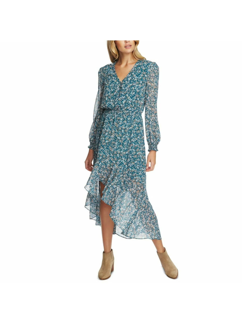 Teal Button Floral Long Sleeve V Neck Maxi Dress Plus 2X N30336