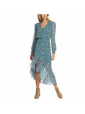 Teal Button Floral Long Sleeve V Neck Maxi Dress Plus 2X N30336