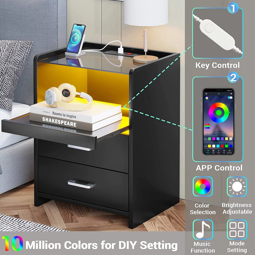 Black Set of 2 LED Nightstand with Charging Station J551935