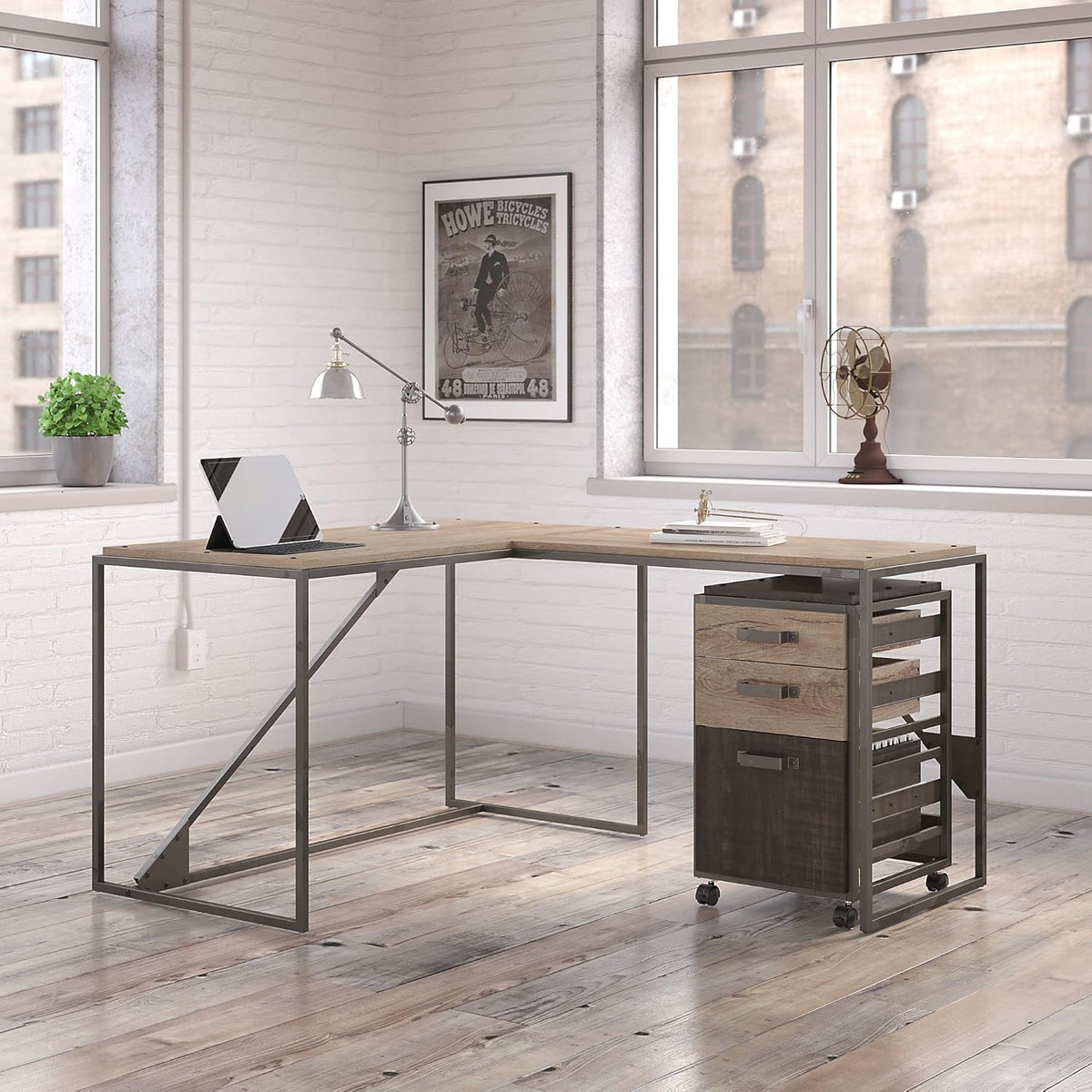 Rustic Gray L Shaped Industrial Desk with Return and Mobile File Cabinet U56399