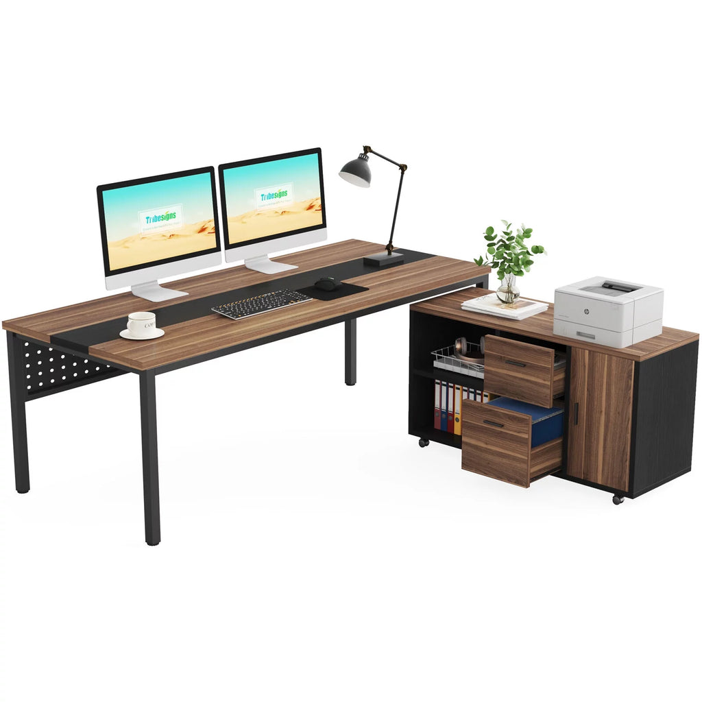 70.8" L Shaped Computer Desk with File Cabinet I4558
