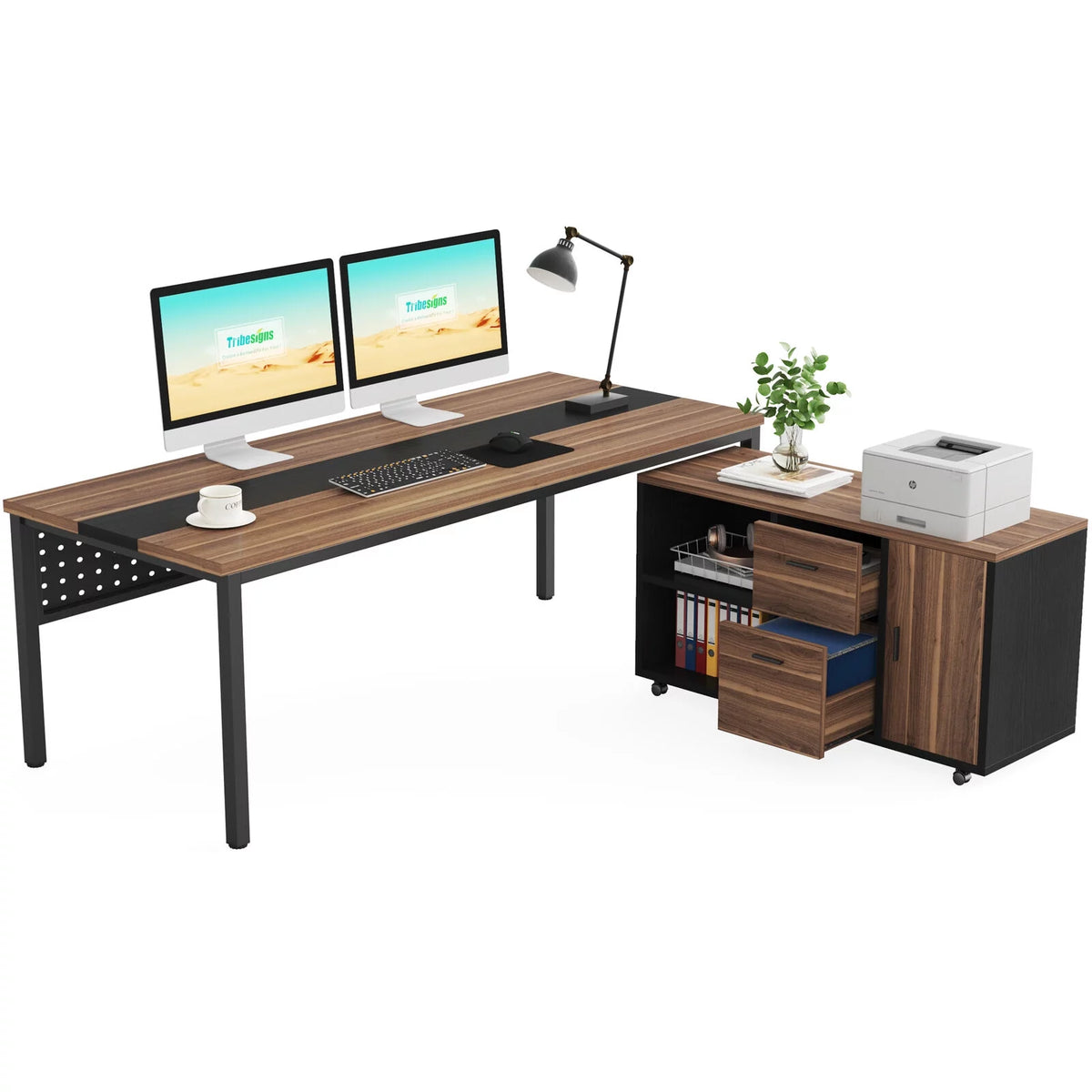 70.8" L Shaped Computer Desk with File Cabinet I4558