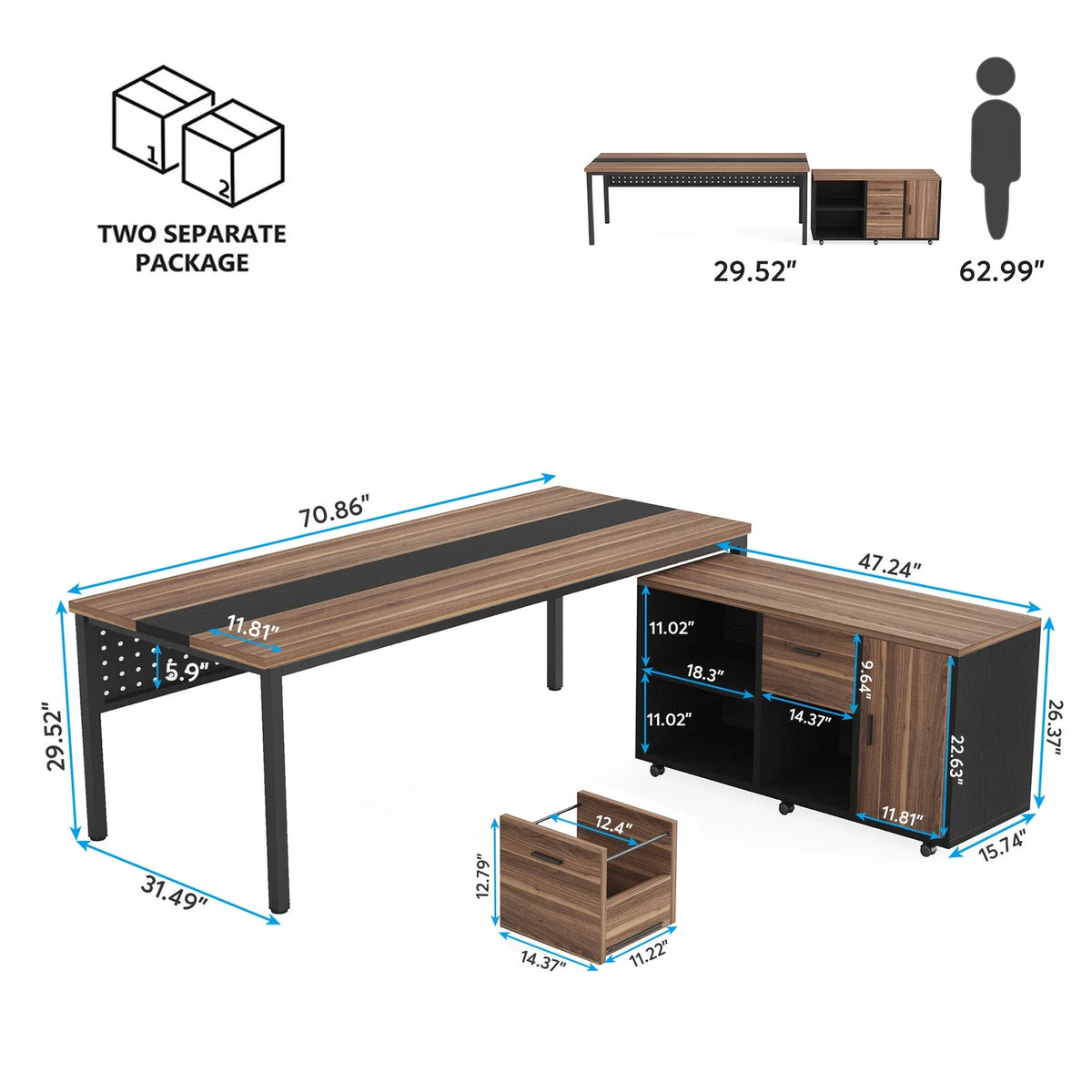70.8" L Shaped Computer Desk with File Cabinet I4558