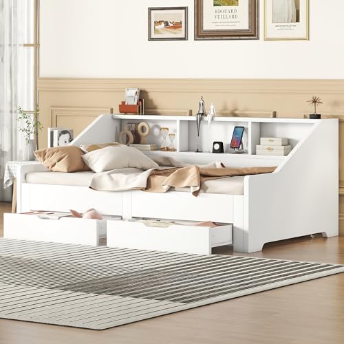White Wood Twin to King Daybed with Trundle and Storage B2643