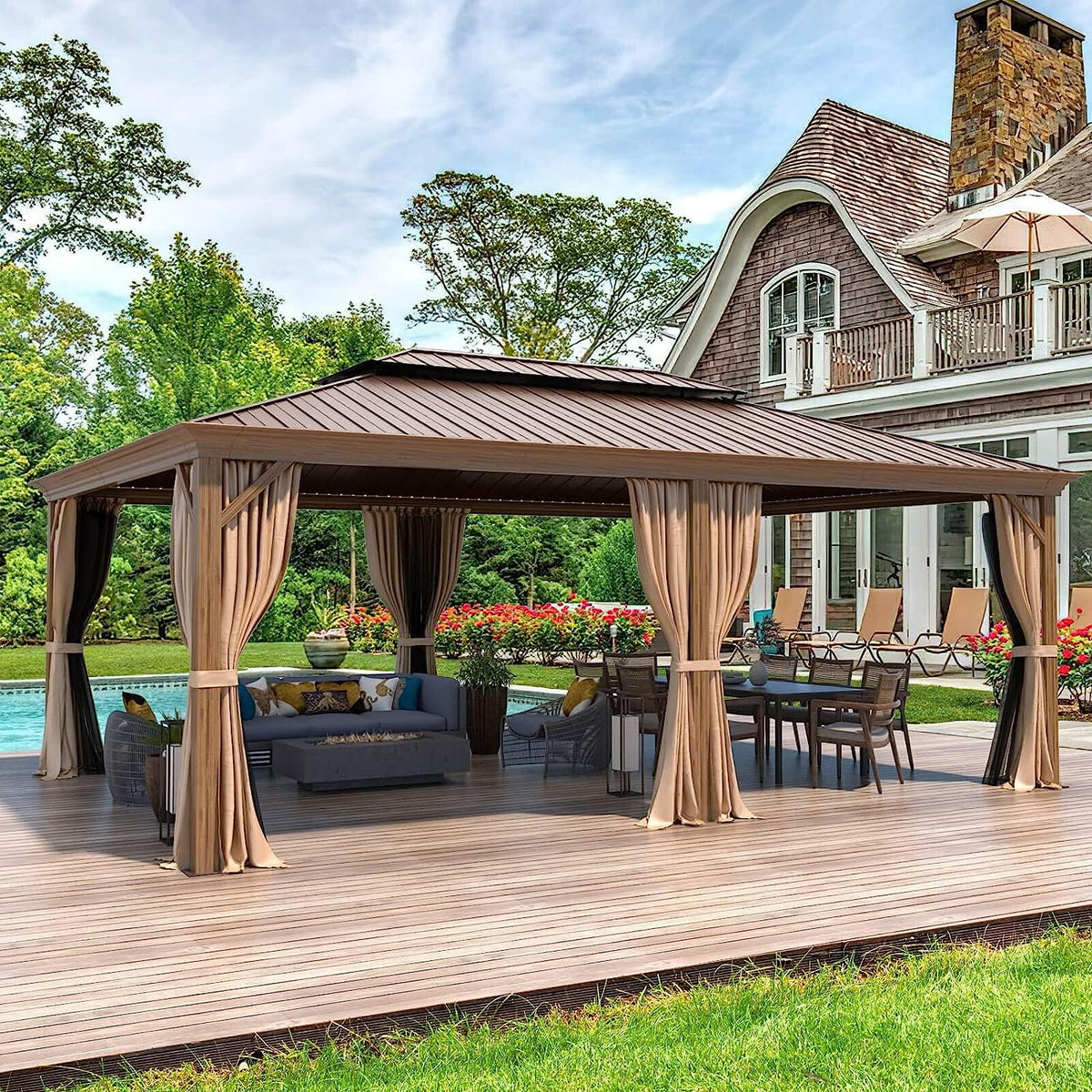 14' x 20' Hardtop Gazebo with Curtains and Nettings V948585