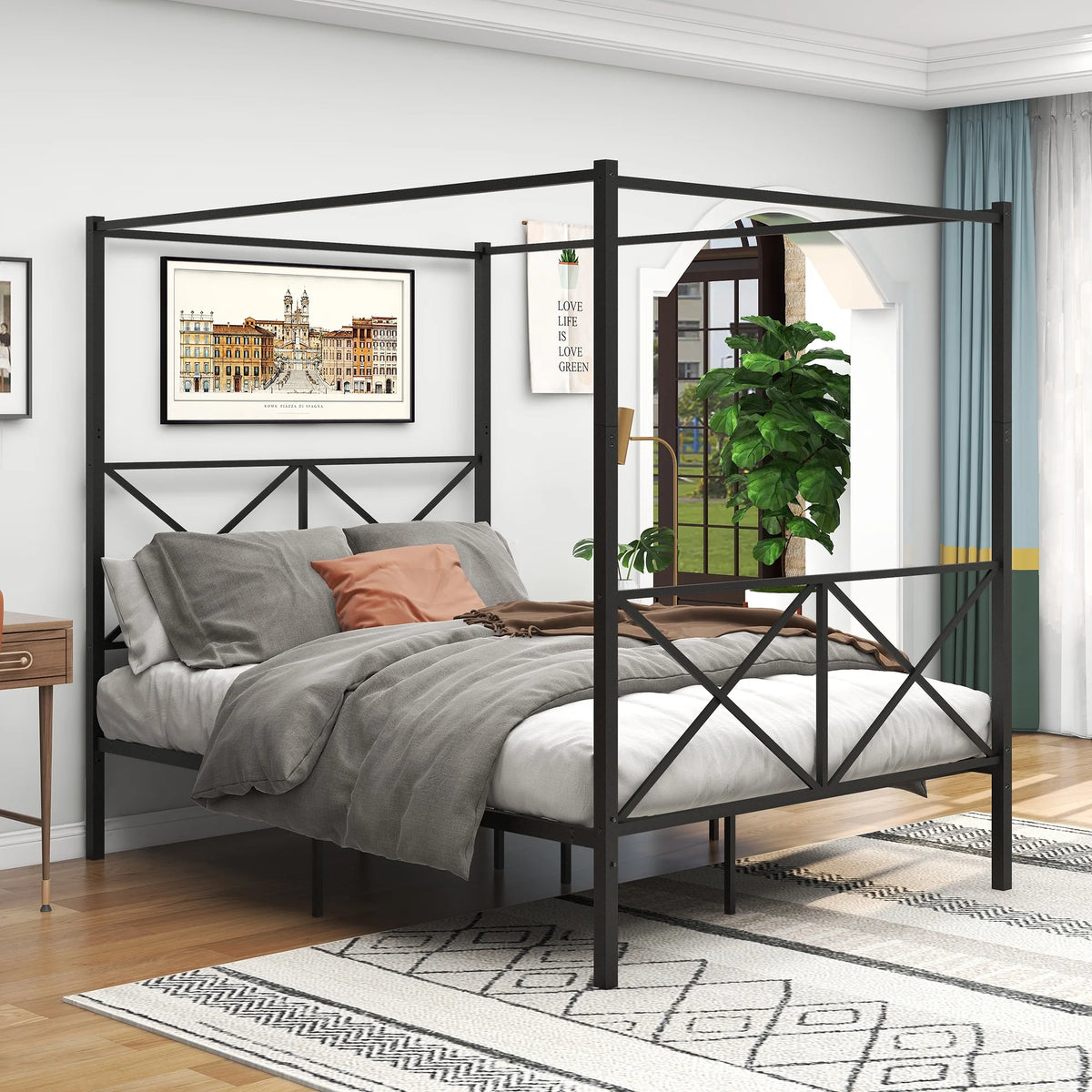 Queen Black Metal Canopy Platform Bed Frame V18815