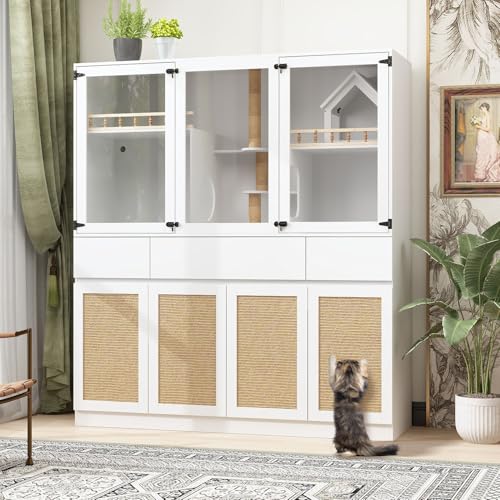 White Cat Litter Box Enclosure with Scratch Post, Stairs, Storage Drawers, Shelves, Sisal Doors E771