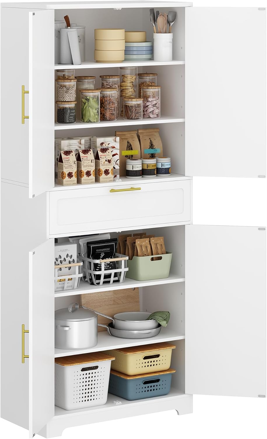 White Tall Kitchen Pantry Storage Cabinet with Adjustable Shelves, 1 Drawer, 4 Doors U827