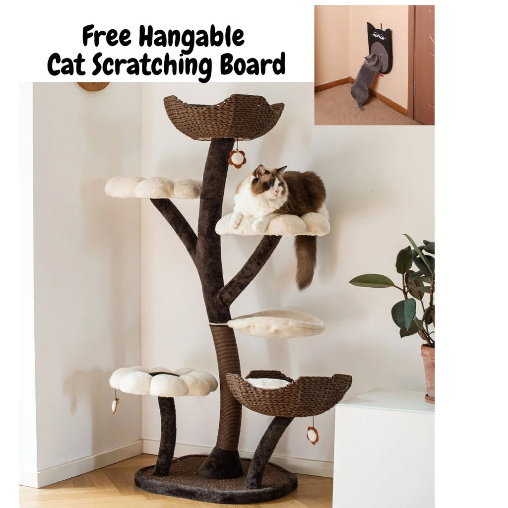 Natural Blossom Flower Woven Tree Branches Large Cat Tree 6-Level Cat Tower with Hammock Foam-Padded Perches Basket Y5236