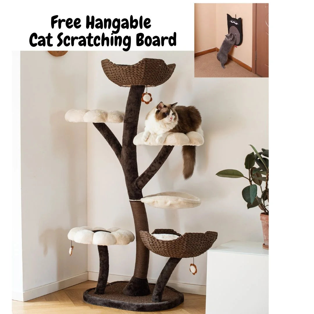 Natural Blossom Flower Woven Tree Branches Large Cat Tree 6-Level Cat Tower with Hammock Foam-Padded Perches Basket Y5236