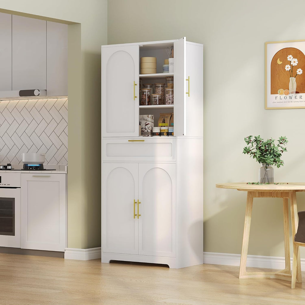 White Tall Kitchen Pantry Storage Cabinet with Adjustable Shelves, 1 Drawer, 4 Doors U827