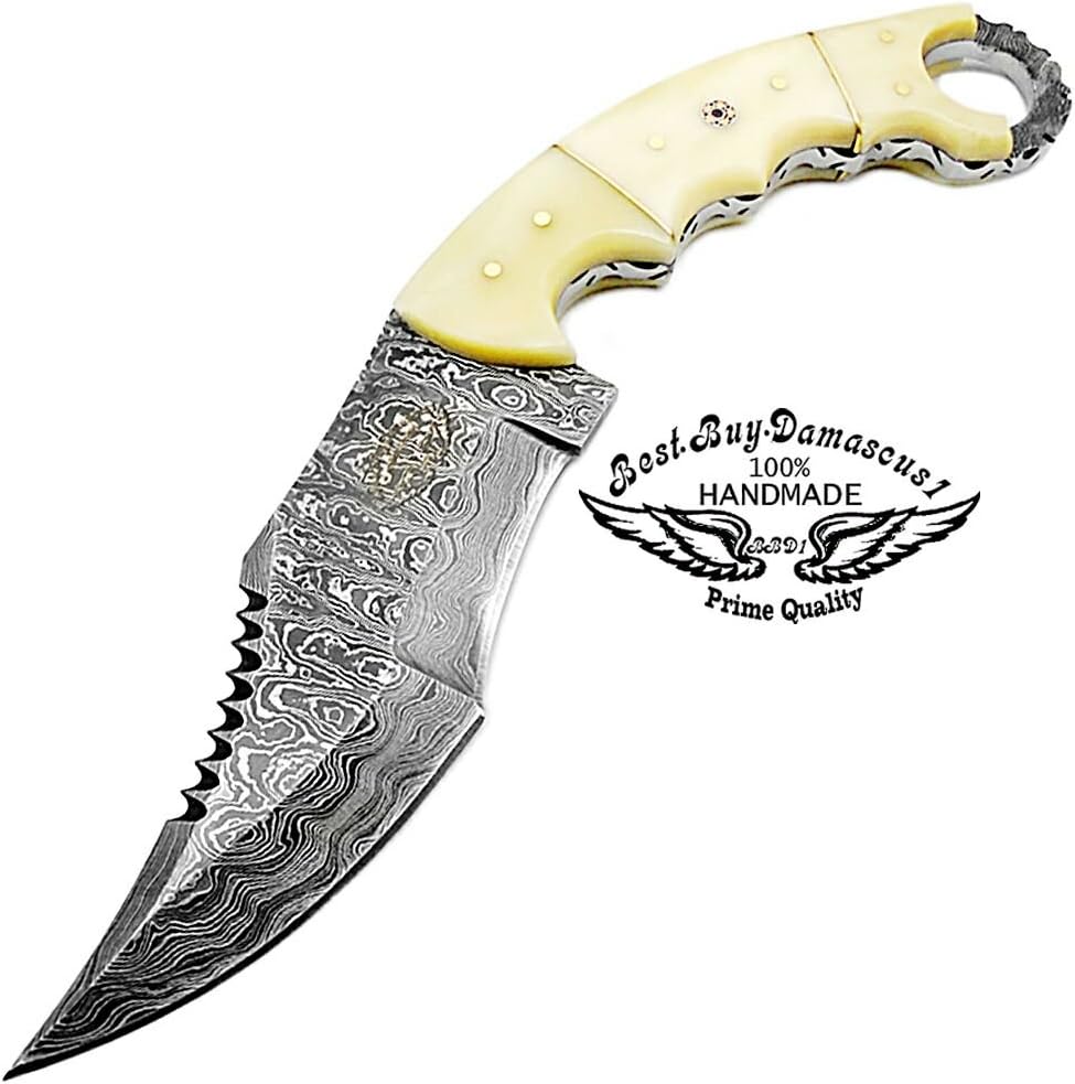 Damascus Steel Hunting Knife with Leather Sheath T4046