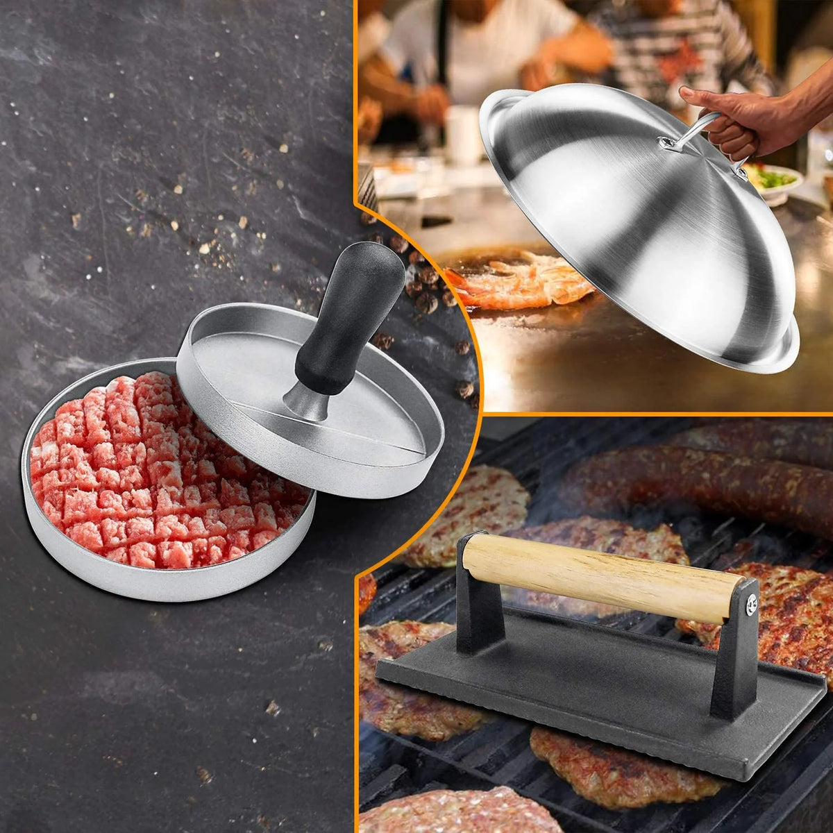 Griddle Tool Set Flat Top Grill Accessories Kit with 304 Melting Dome Lid, Spatulas, Scraper, Egg Rings, Burger Press Carrying Bag & Squirt Bottles G350