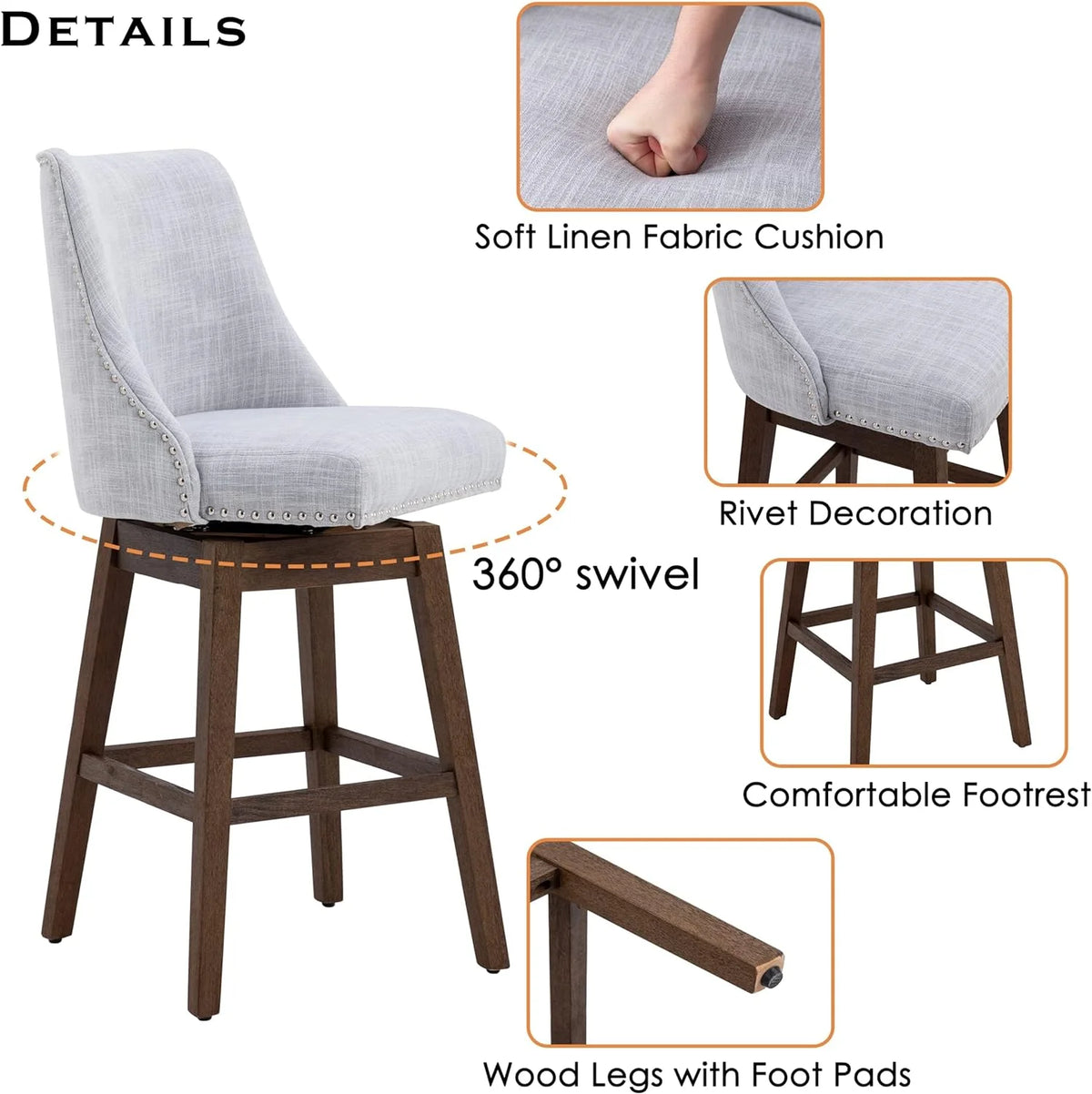 27 inch Swivel Linen Fabric Barstools with Wood Legs E31561