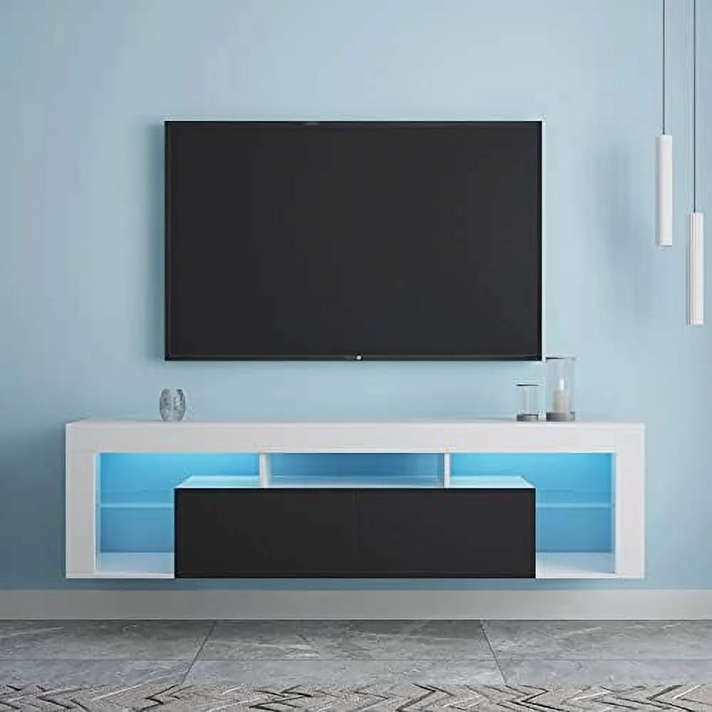 Floating TV Stand Wall Mounted with 16 Color LEDs 63" Wood TV Console 2 Drawers R28830