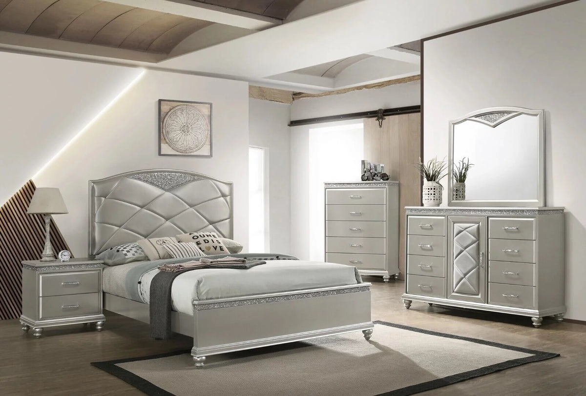 King Panel Bed Dresser Mirror Nightstand Chest Wooden Bedroom Furniture Set Q960401