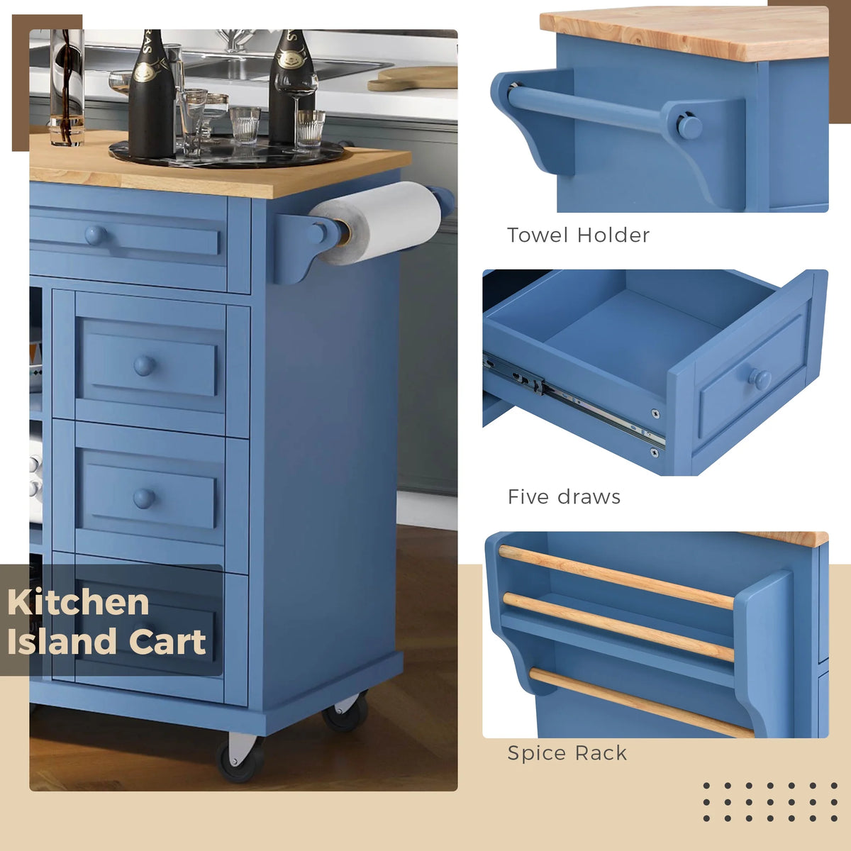 Mobile Kitchen Island Cart with Doors Drawers L9627